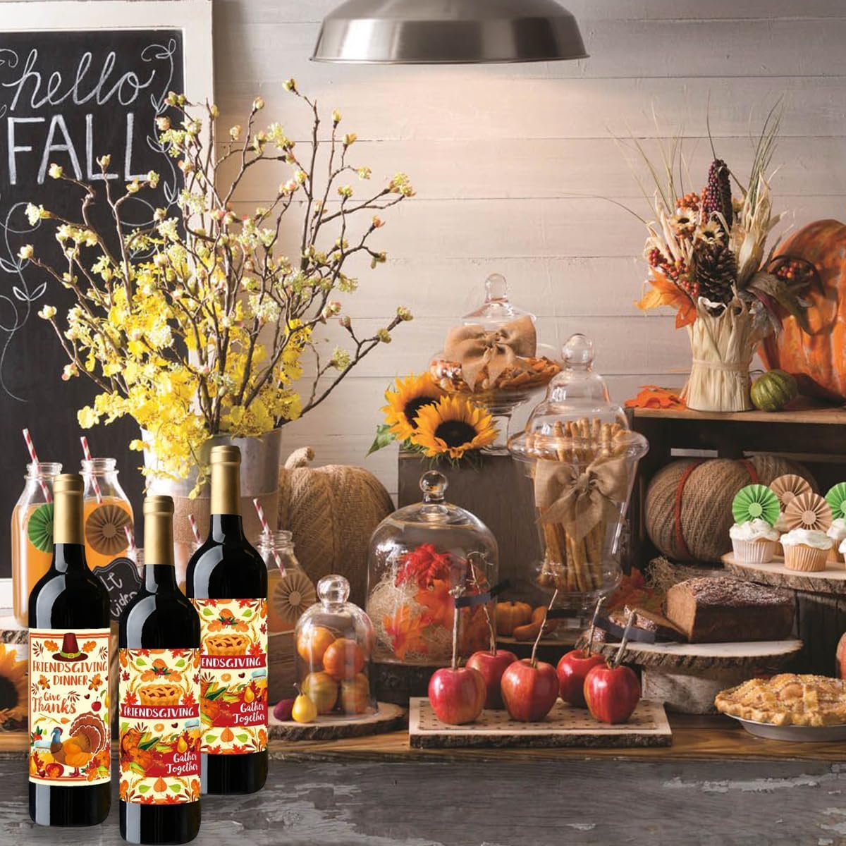 Thanksgiving Wine Bottle Labels Stickers Fall Maple Leaf Pumpkin Turkey Themed Party Wine Bottle Decorations Gift Champagne Wine Bottle Label for Happy Thanksgiving Autumn Harvest Party