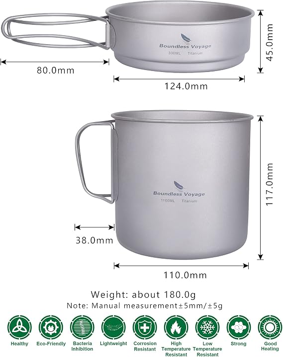 Boundless Voyage Camping Titanium Pot Pan Set with Folding Handles Outdoor Picnic Hiking Bowl Plate Mess Kit Tableware Cookware Ti2053C