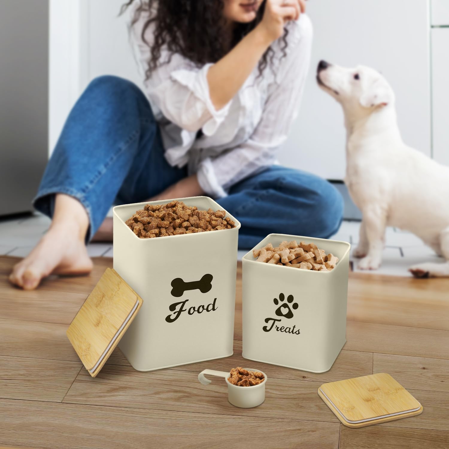 Plexon Pet Food Storage Containers, Dog Food Storage Container with Spoon and Wood Lids, Set of 2 Pet Food Container, Beige