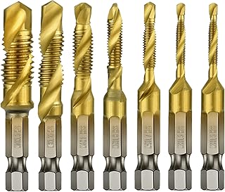 BAYTORY 7Pcs Titanium Combination Drill and Tap Set, Metric Thread HSS M3-M10 Screw Tapping Bit Tool 1/4" Hex Shank 3 Functions in 1 (7 Pcs)