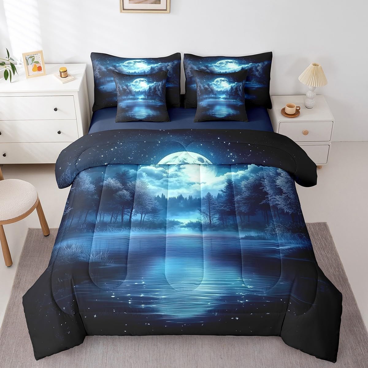 jejeloiu Moon Tree Lake Comforter Set with Sheets Queen Size Kids Natural Scenery 7 Pieces Bedding Set for Boys Girls Teens Starry Night Sky Bed in a Bag Breathable Nature Bed Set Room Decor