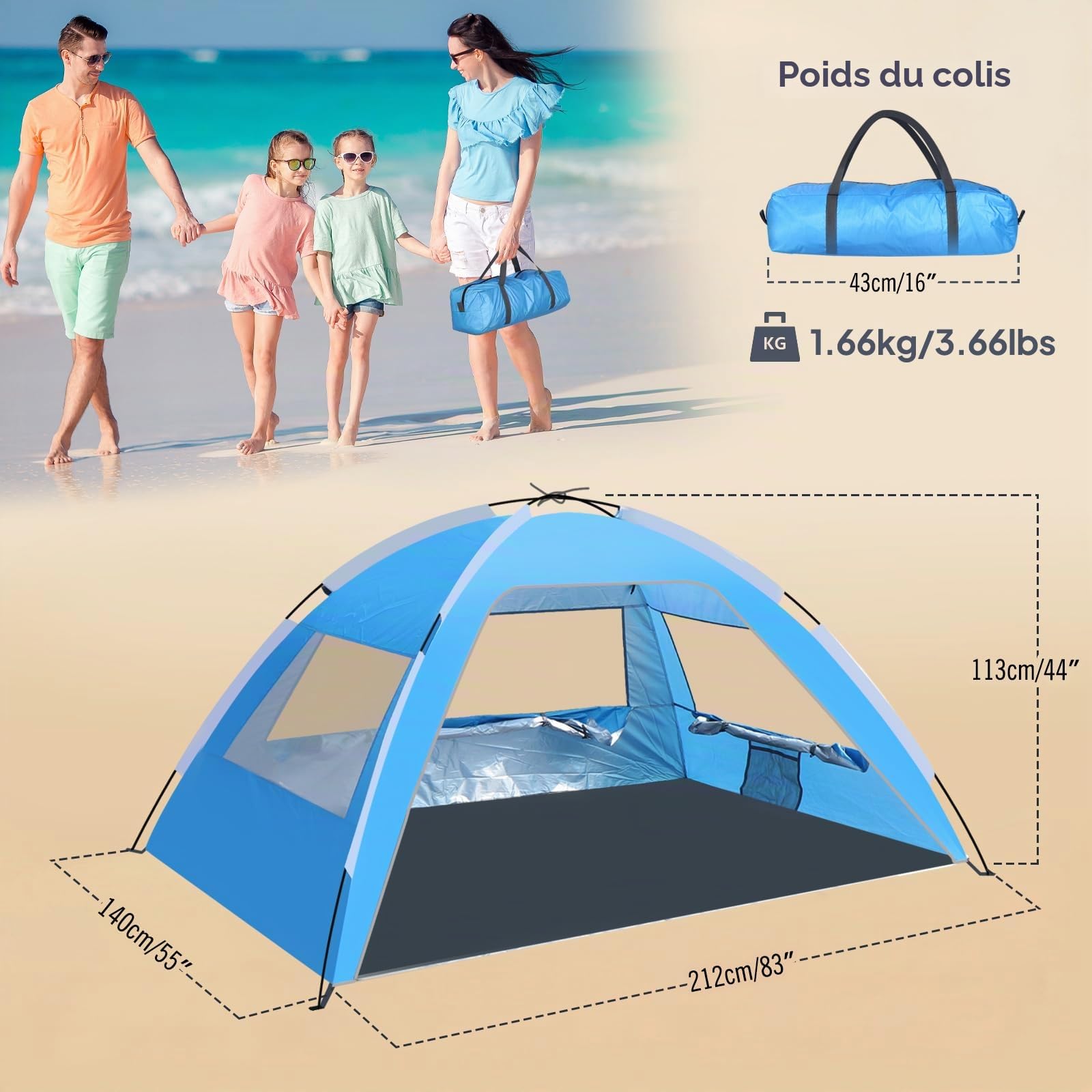 Chihee Abris de Plage Tente Solaire pour 2-3 Personnes avec Protection UV Tissu Enduit d'argent Maille Respirante Sacs de Sable supplémentaires,Léger Installation Facile Portable Auvent de Plage