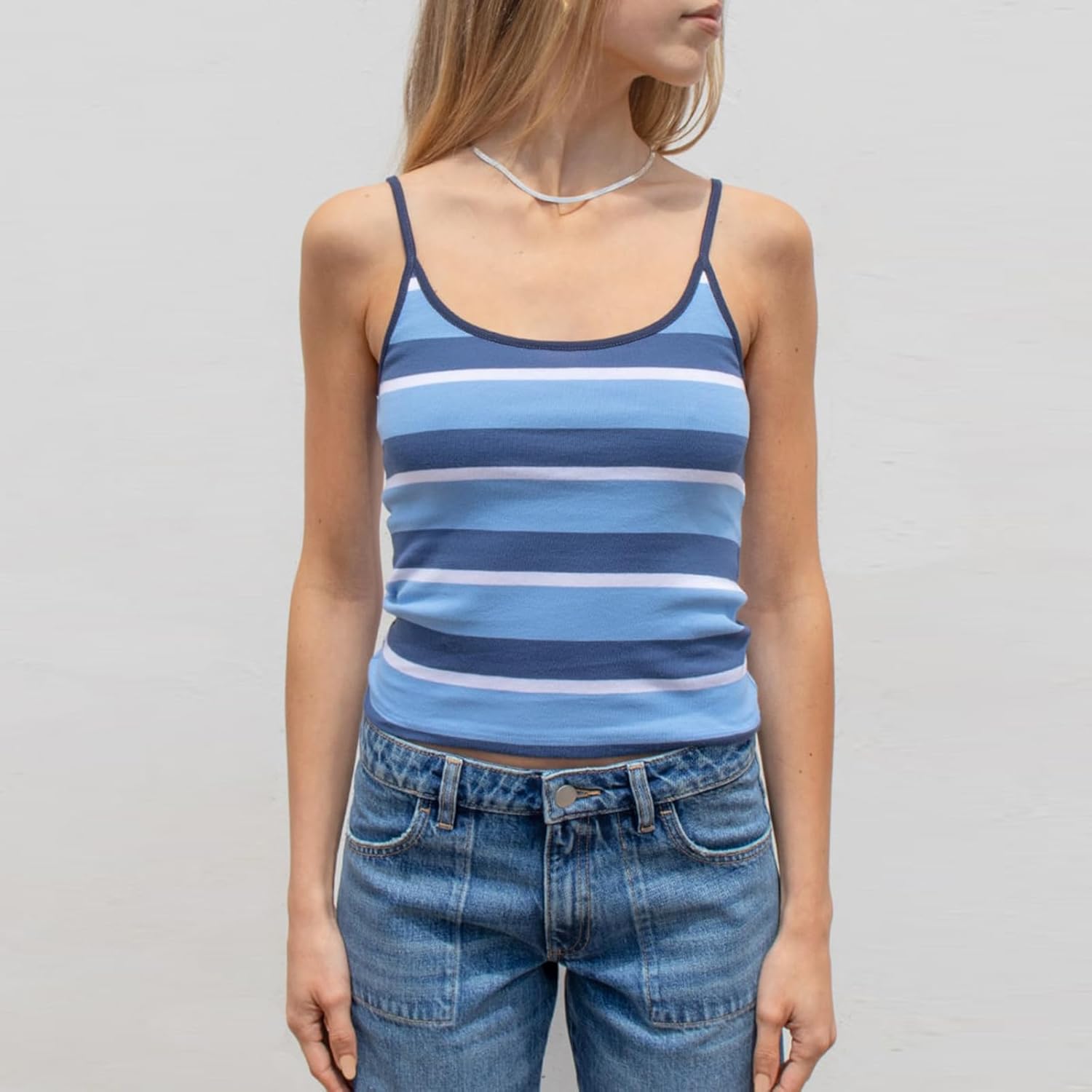 Women Stripe Print Cami Top Y2k Spaghetti Strap Backless Crop Tank Aesthetic Sleeveless Slim Fit Going Out Tops - Image 2