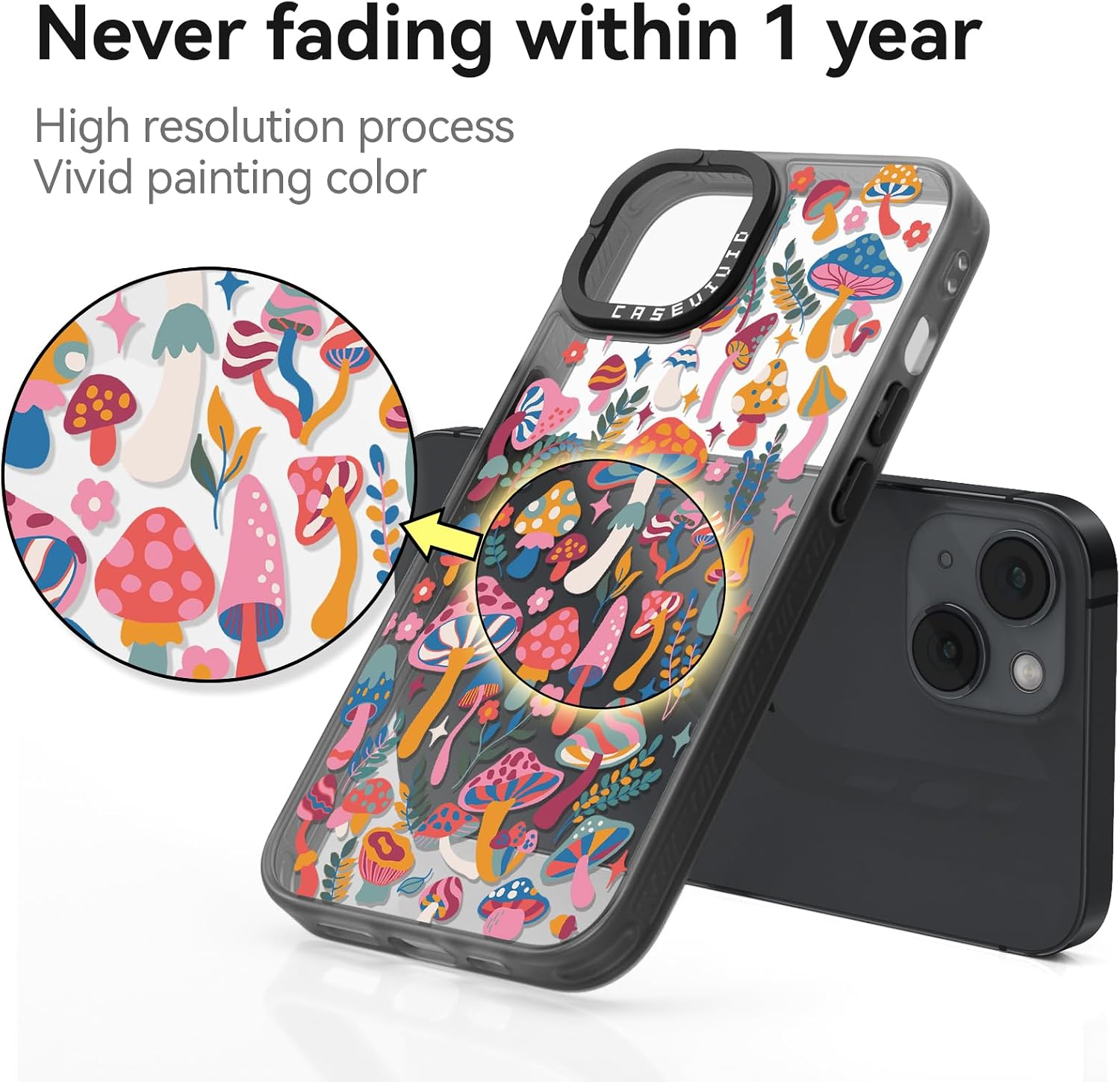 Compatible for iPhone 13 Case Cute Aesthetic - Durable Fashion Funny Phone Case - Girly Mushroom Jungle Pattern Print Cover Design for Woman Girl 6.1 inches Black