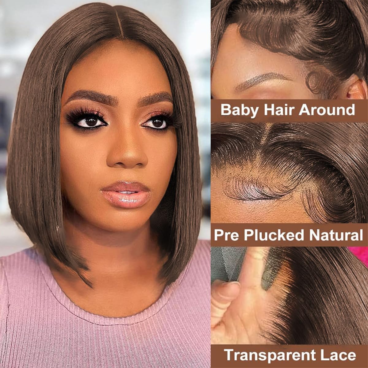 Parrucca Donna Naturale Brasiliana 13x4 Lace Front Bob Parrucca Capelli Umani Brasiliani Lisci Capelli Vergini Bob Liscio Lace Front Wig Marrone Cioccolato 20 cm