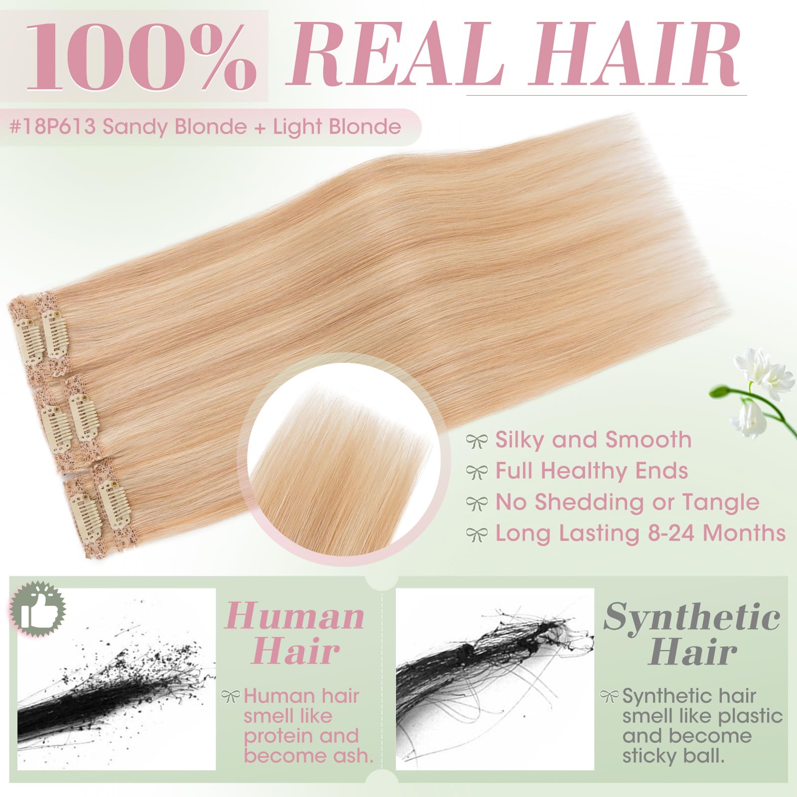 Elailite Echthaar Extensions Clip Balayage Silk Lace in Tressen 6Stücke Clip in Haarverlängerung Unsichtbar 40g 40cm für Volumen/Meches #18P613