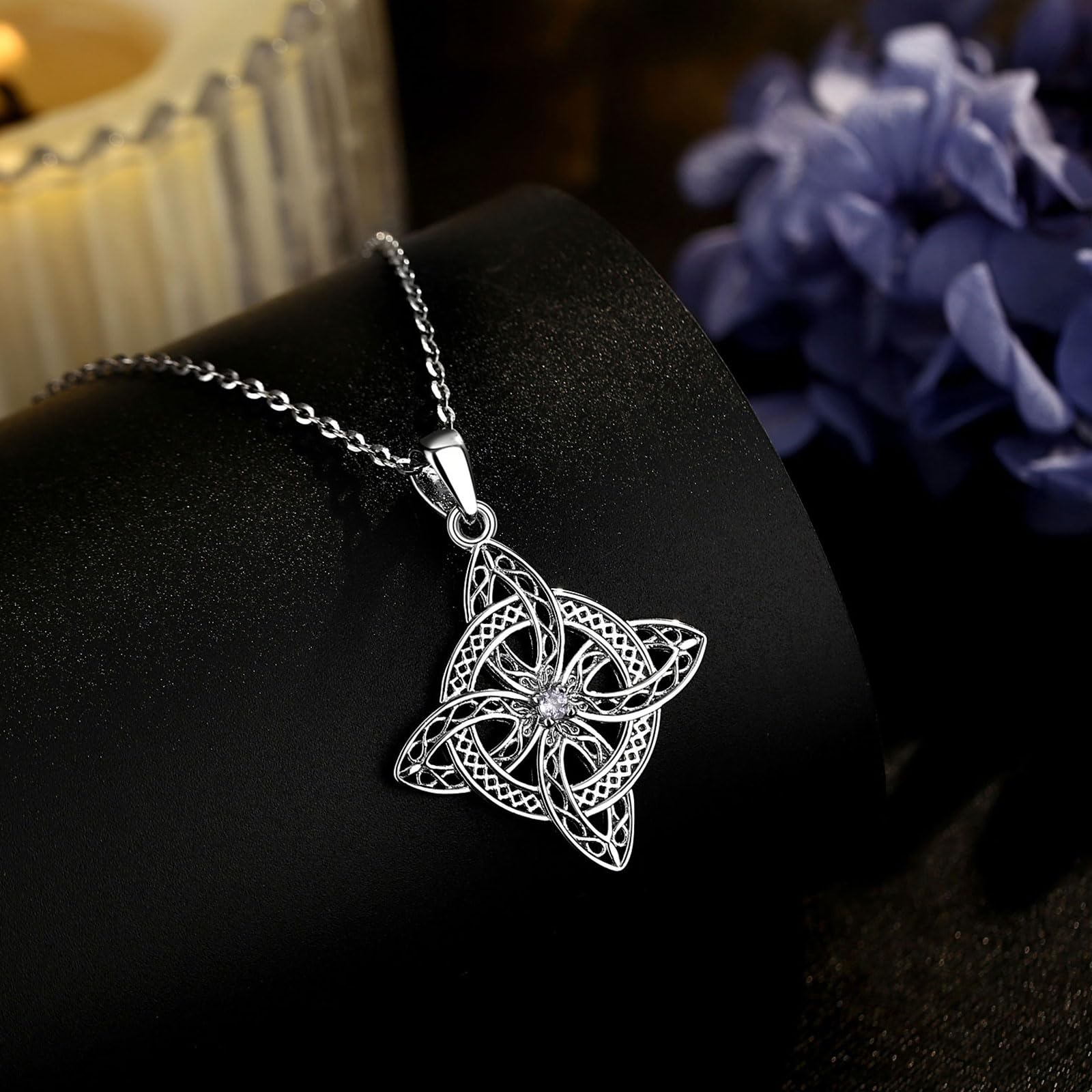 CELESTIA Versilberte Hexenknoten Anhänger Halskette mit Amethyst Geburtsstein, 51 cm Verstellbare Edelstahlkette - Muttertag, Geburtstag, Valentinstag, Halloween Geschenke Frauen