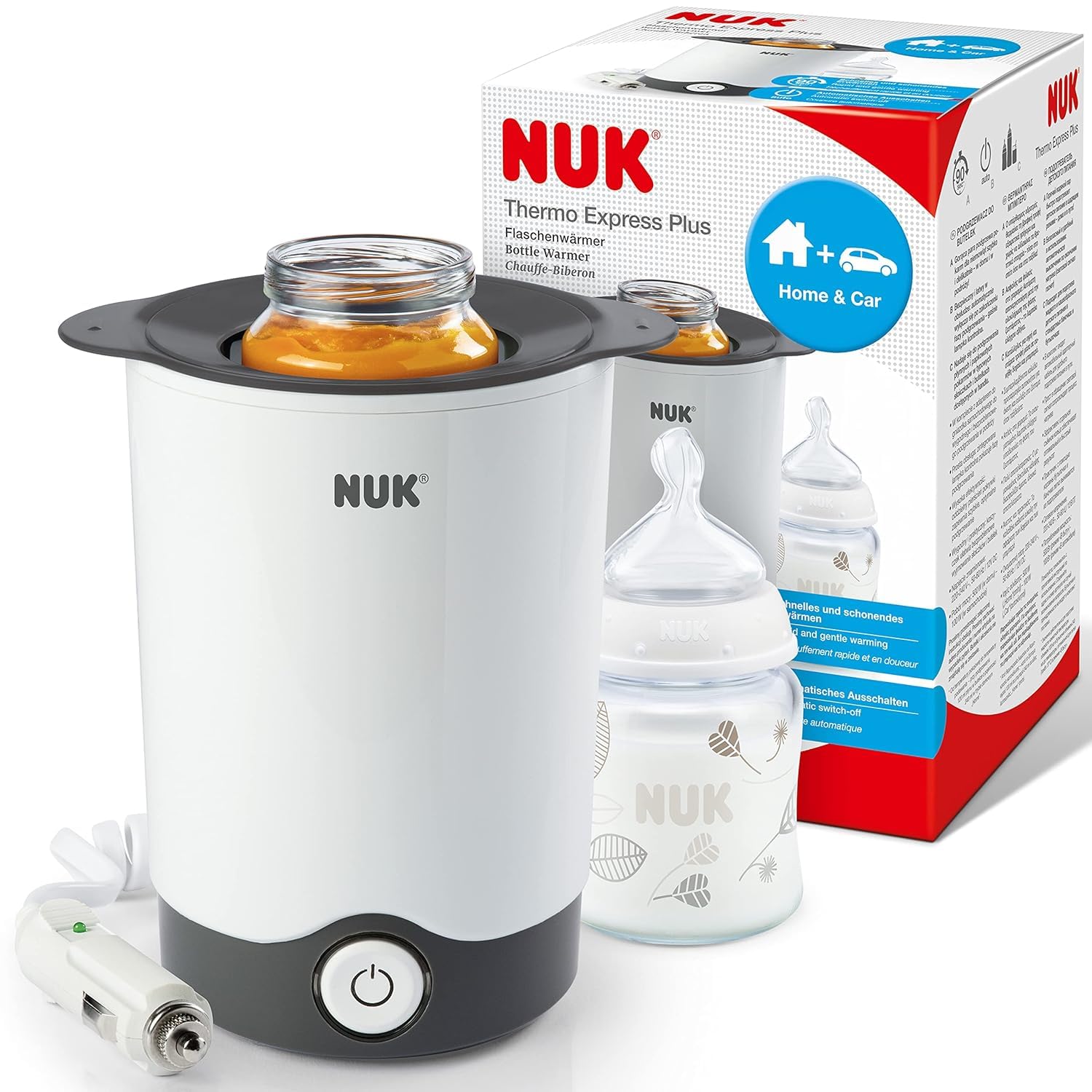 NUK Thermo Express Plus Flaschenwärmer mit EU-Stecker & 12V-Adapter – Inkl. First Choice+ 3er Set – Erwärmt Babybrei & Milch in 90 Sekunden – Mit Abschaltautomatik