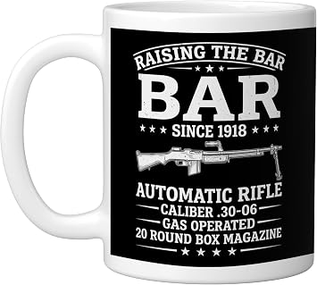 M1918 BAR WWII Vintage Label "RAISING THE BAR" Graphic Ceramic Mug, White