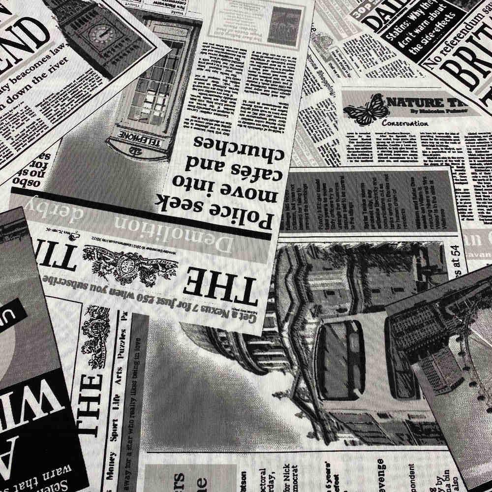 Kt Kilotela Black - Printed Canvas Fabric, Oeko-Tex Certified 50% Cotton 50% Polyester, Versatile For Diy & Upholstery, White, 1 Metre, Newspapers, The Sun, 100 X 280 Cm