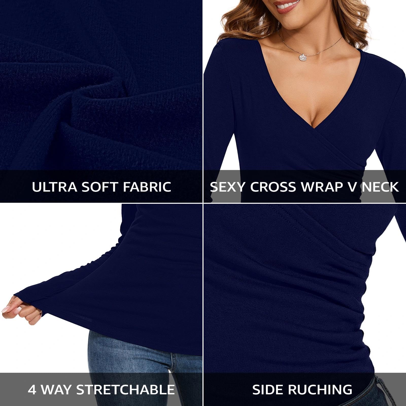 WOWENY Haut thermique pour femme - Sexy - Cross Wrap - Pull d'hiver - Col en forme de cœur - Manches longues - Sous-vêtements thermiques - T-shirt à manches longues en polaire