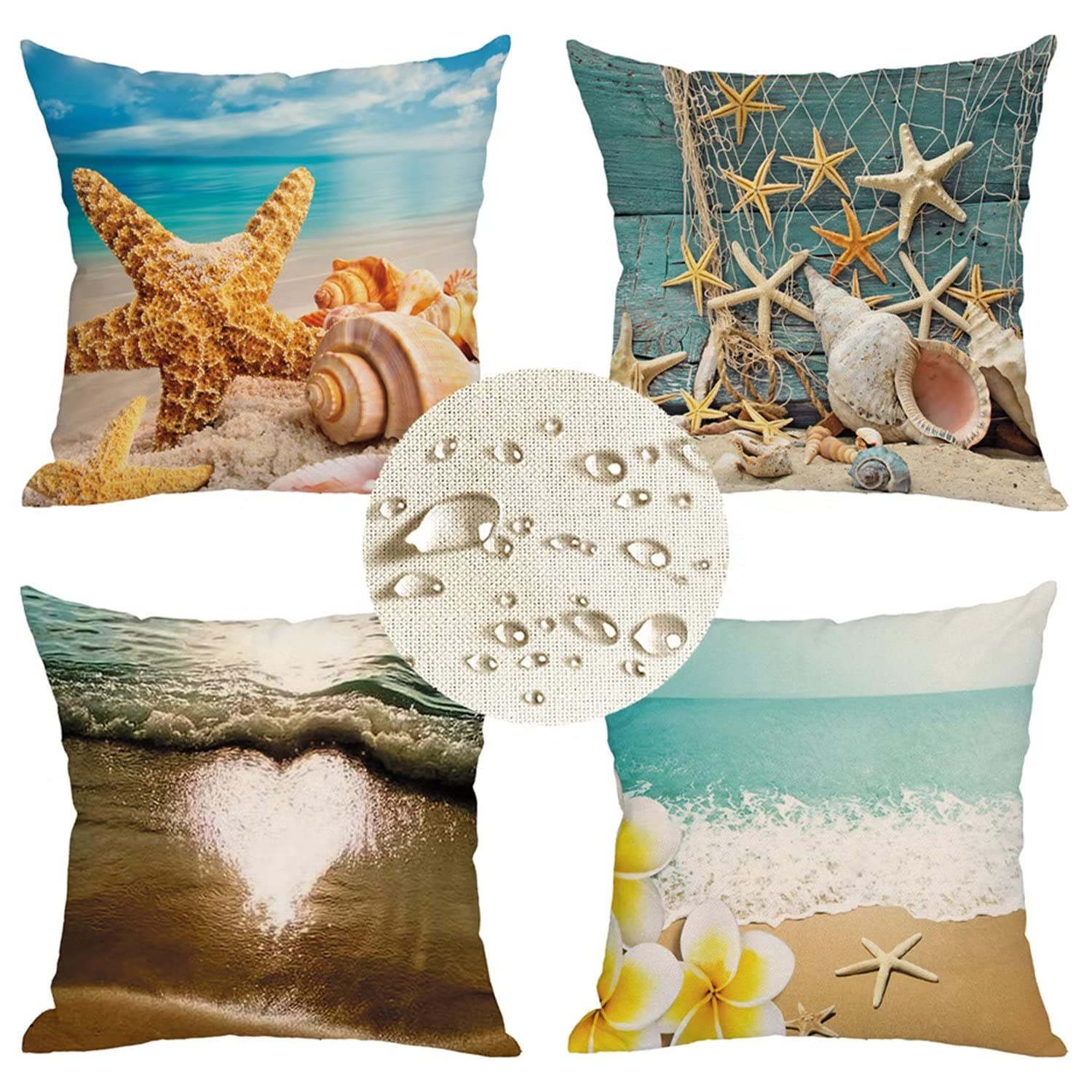 Set di 4 Fodere per Cuscino Impermeabili 55x55cm, federe cuscini divano Conchiglie da spiaggia Biancheria Decorativi Copricuscini in Lino con Cerniera nascosta per Esterno giardino Copri Cuscini F13