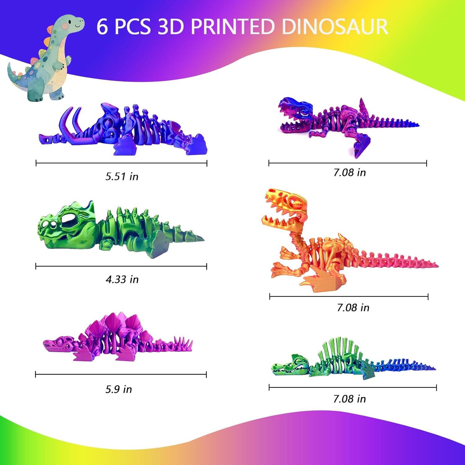 6pcs 3D Printed Dinosaur Skeletons, T-Rex Fidget Toys,3D Printed Dragon Animals Toys,Dragon Toy Kids Girl,Dinosaur Toys for Kids 5-7 Desk Gifts - Image 3