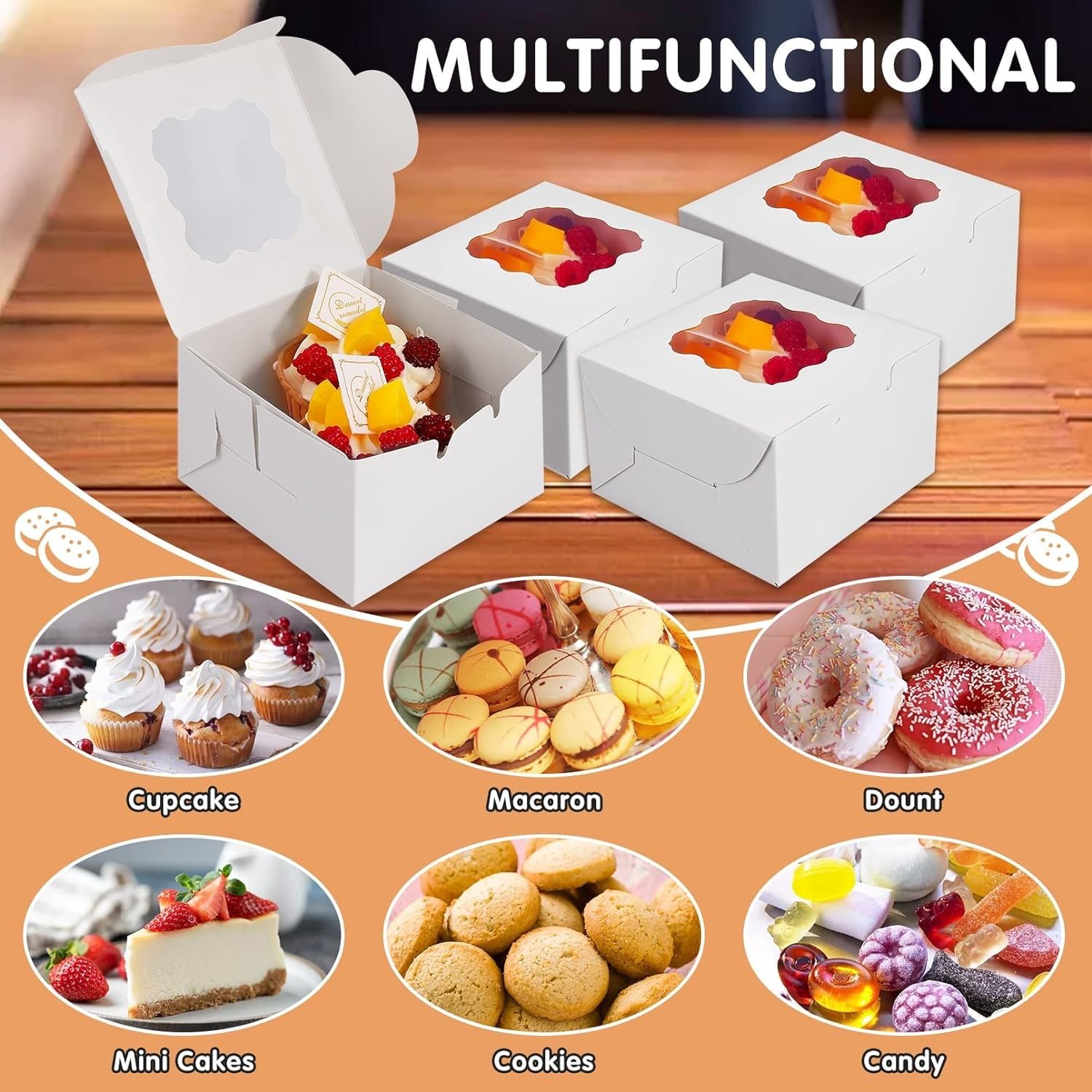 YankMooM 15PCS Cake Boxes with Window,4X4X2.5inch White Bakery Boxes with Display Cookie Packing Boxes for Cakes,Strawberries,Donuts,Muffins,Macaroon - Image 3