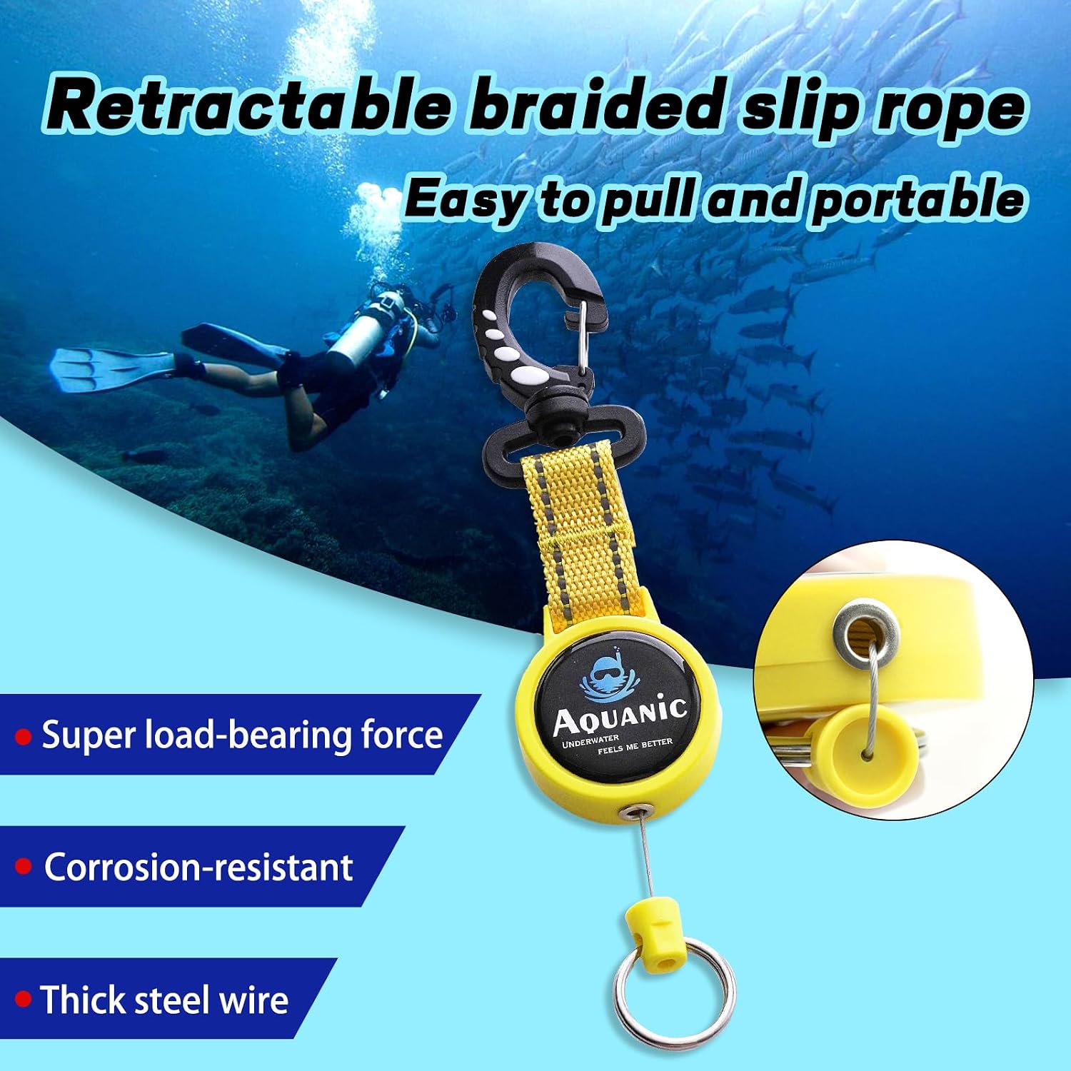 Scuba Diving Retractable Gear Tethers, Scuba Accessories Dive Clip Lanyard with Snap Hook, Split Ring Quick-Release Extension Cord for Diving,Swimming,Flashlights,Cameras and More (Yellow)