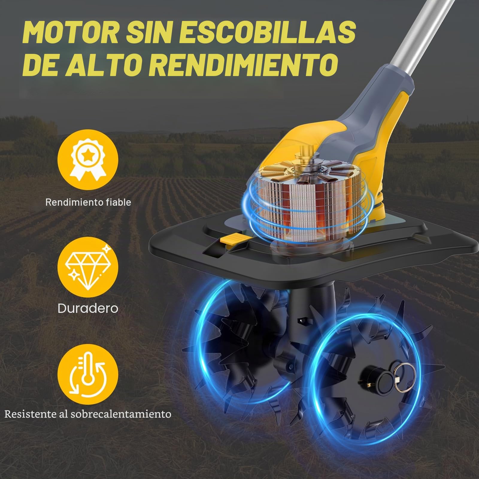 Motoazada Electrica 800W,Motocultor Plegable,Profundidad de Labranza 20 cm, Anchura de Labranza 23 cm, con Pantalla Indicadora de Carga para Labrar Jjardines y Huertos (Dos Baterías)