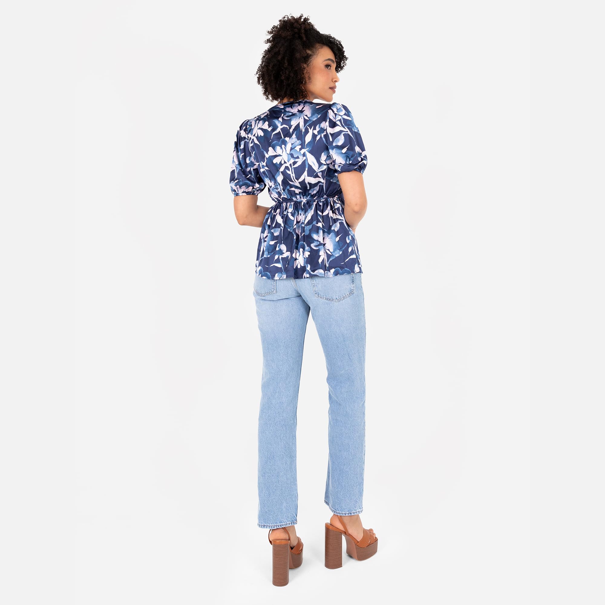 Lovedrobe Women's Ladies Wrap Top Short Puff Sleeve V-Neck Floral Floral Print Peplum Satin Blouse Smart Casual Office Wear Blouse Femme (Lot de 1)