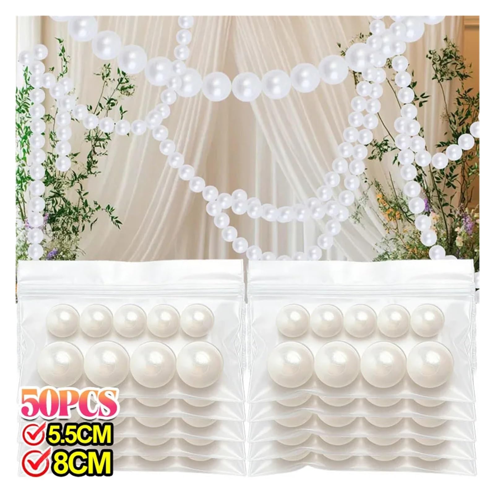 Decoración colgante con hilo perlas gigantes, perla sintética blanca