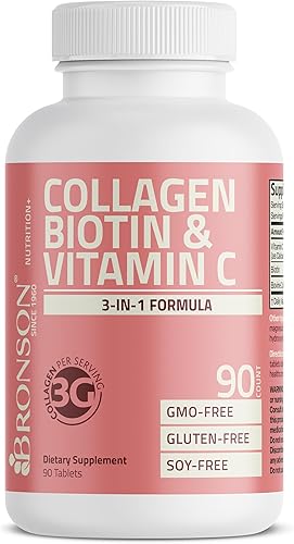 Miniatura 5 de Bronson Péptidos de colágeno de 3000 mg (por porción) con biotina y vitamina C, para el cabello, la piel y las uñas, sin OMG, 90 tabletas