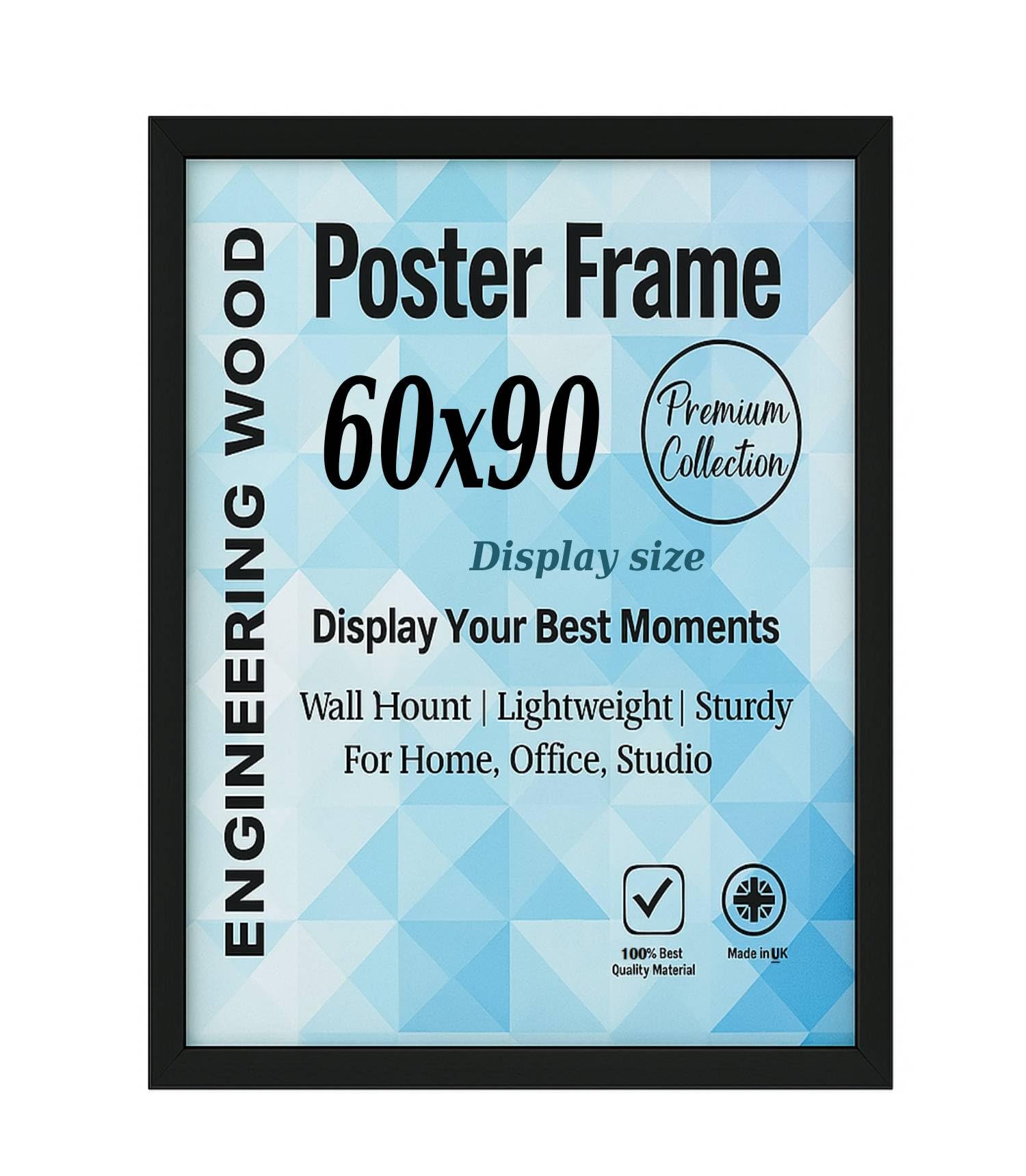 Modern Black Poster Frame 60x90 cm Size For Display MDF Wood Construction with Acrylic Glass - Picture Frame