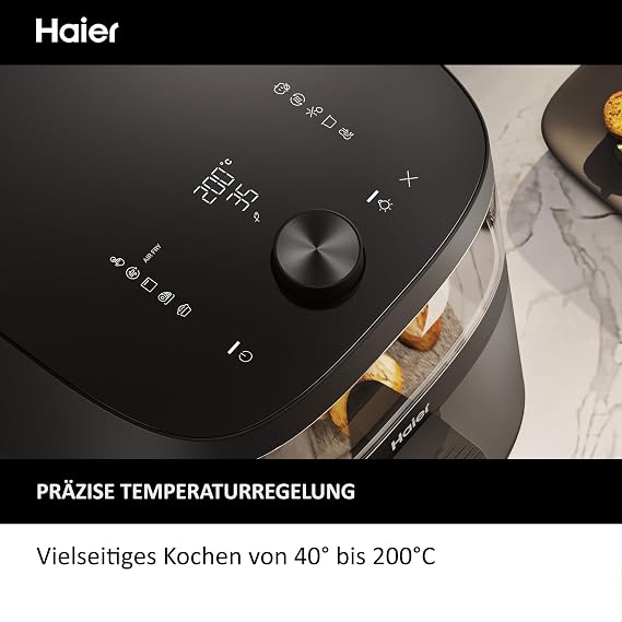 Haier Air Fryer XXL I-Master Serisi 5 yağsız fritöz, 6 kişiye kadar 7L kapasite, kontrol penceresi, sıcak hava pişirme, kızartma, ızgara, yavaş pişirme, buz çözme, yoğurt, siyah