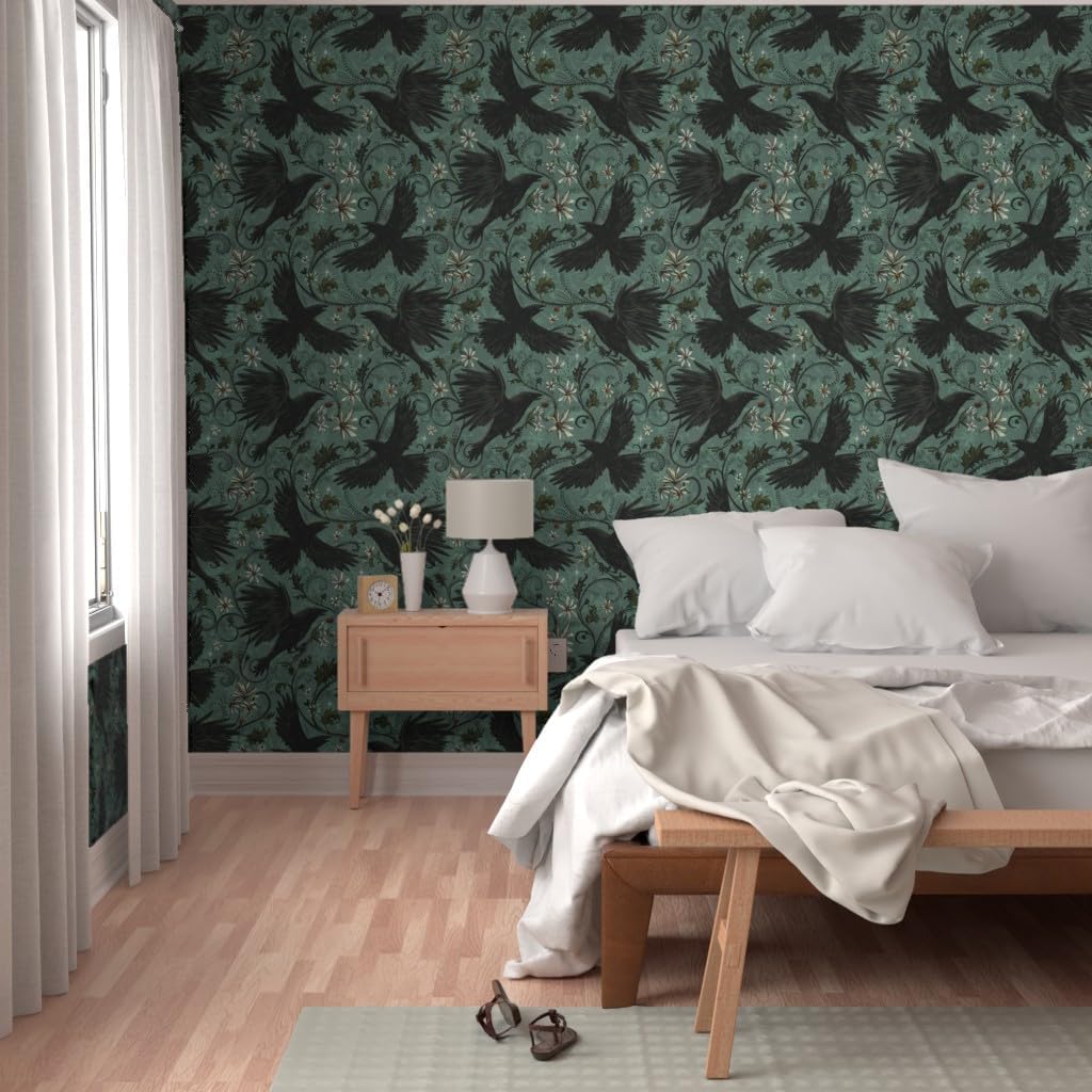 Peel & Stick Wallpaper 3ft x 2ft - Gothic Ravens Autumn Floral Halloween Bohemian Magic Dark Moody Corvid Teal Cyan Custom Removable Wallpaper by Spoonflower