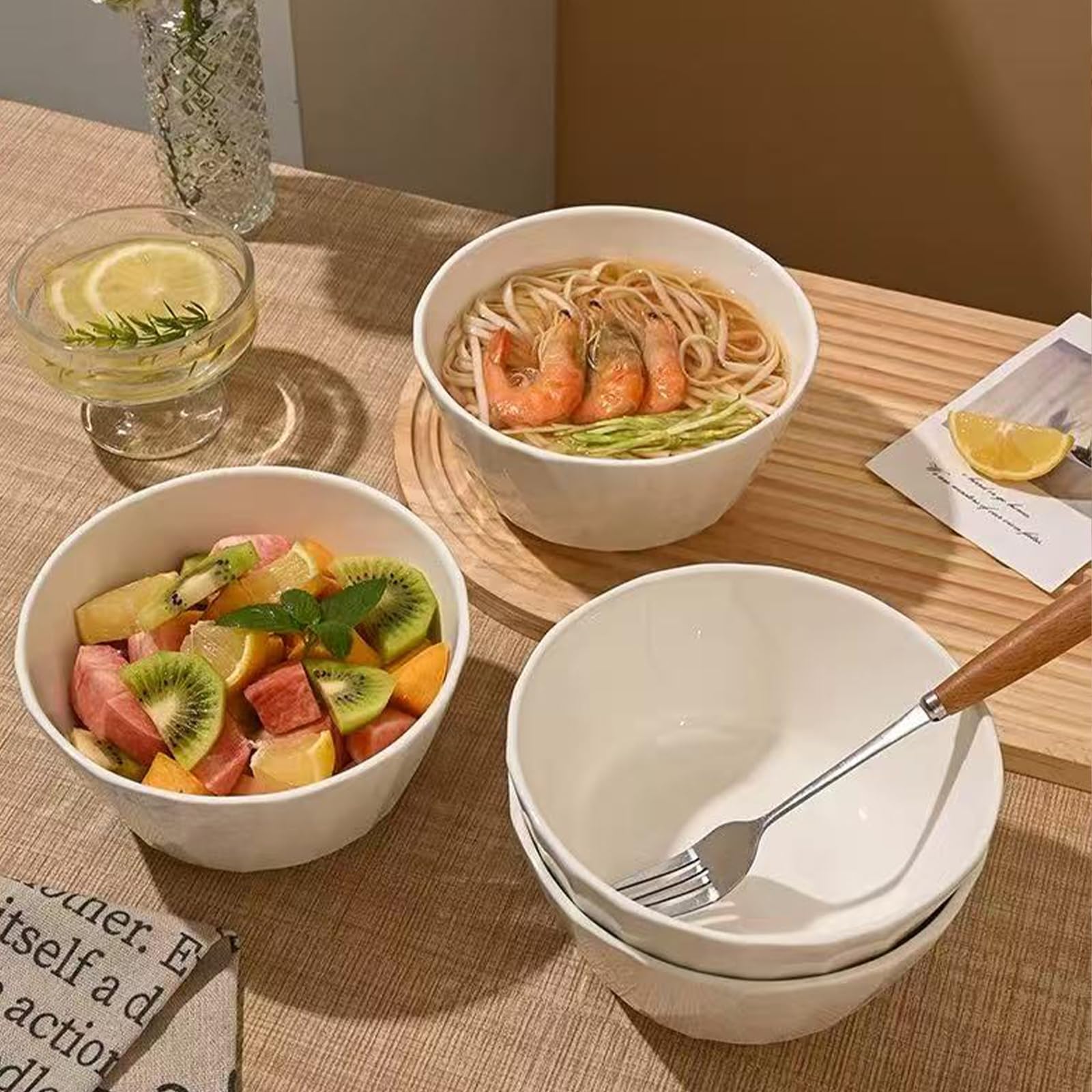 Lot de 4 bols à céréales en céramique pour dessert, petit déjeuner, bol de service en céramique blanche, 700 ml, parfaits pour la crème glacée, la soupe, les pâtes, la salade, les nouilles