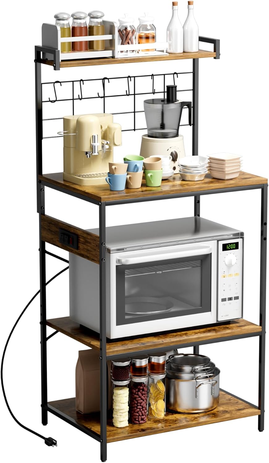 Flamaker Baker’s Racks, Small Coffee Bar Table, Microwave Oven Stand with Power Outlet, Mini Coffee Station, 4-Tier Kitchen Storage Shelves with 5 S-Shaped Hooks for Kitchen (Rust Brown)