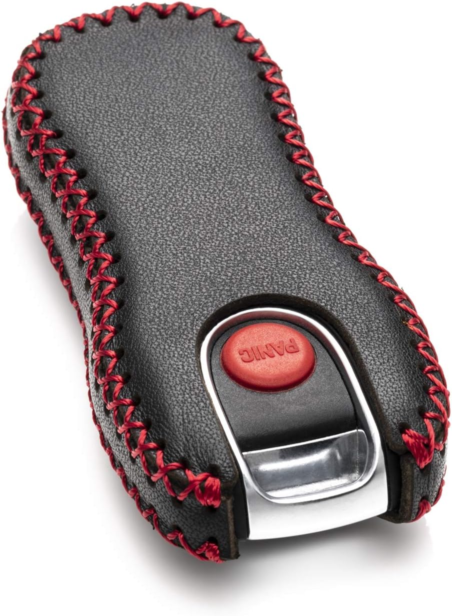 Vitodeco Genuine Leather Smart Key Fob Case Cover Protector with Leather Key Strap Compatible for Porsche Cayenne, Macan, Panamera, 718, 911, Taycan 2020 - 2026 (3-Button, Black/Red) - Image 4