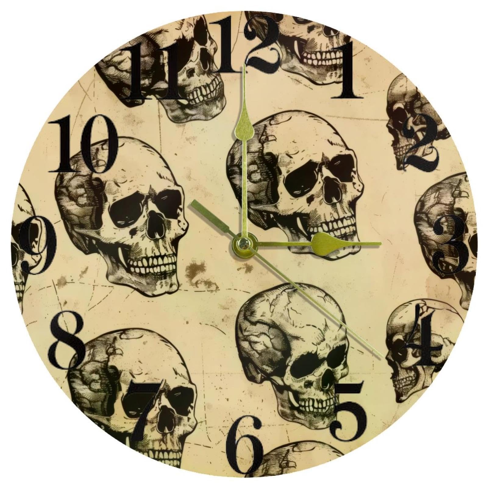 Horloge murale tête de mort à pile avec mécanisme de cuisine rond et silencieux sans aucun tic-tac