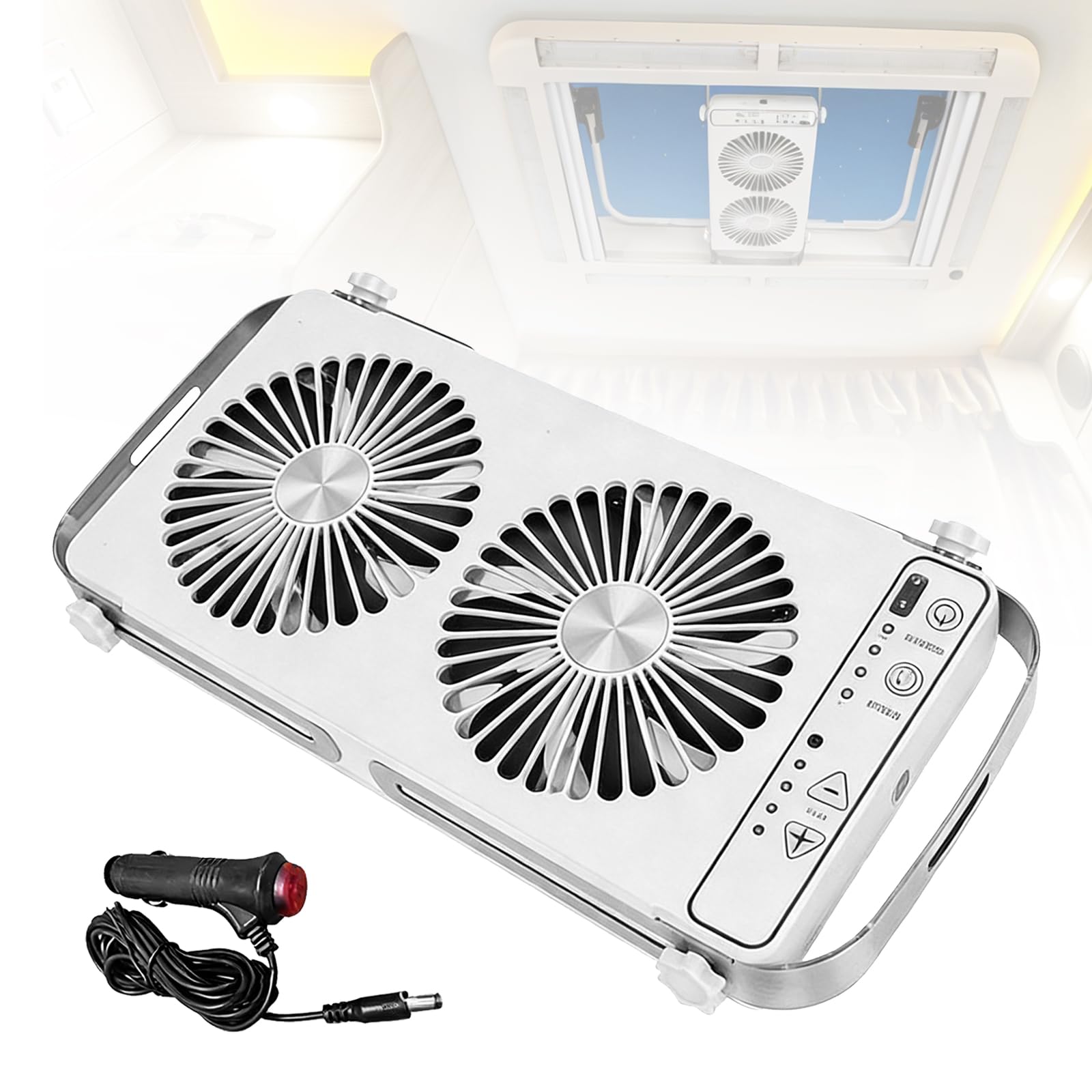 Ventilador De Techo Para Autocaravana, 12v Ventilador De Doble Fila Para Ventanas De Techo De Autocaravana Con 4 Velocidades Para Caravanas Camiones Y Furgonetas Extensible 37 A 59 Cm (Blanco)