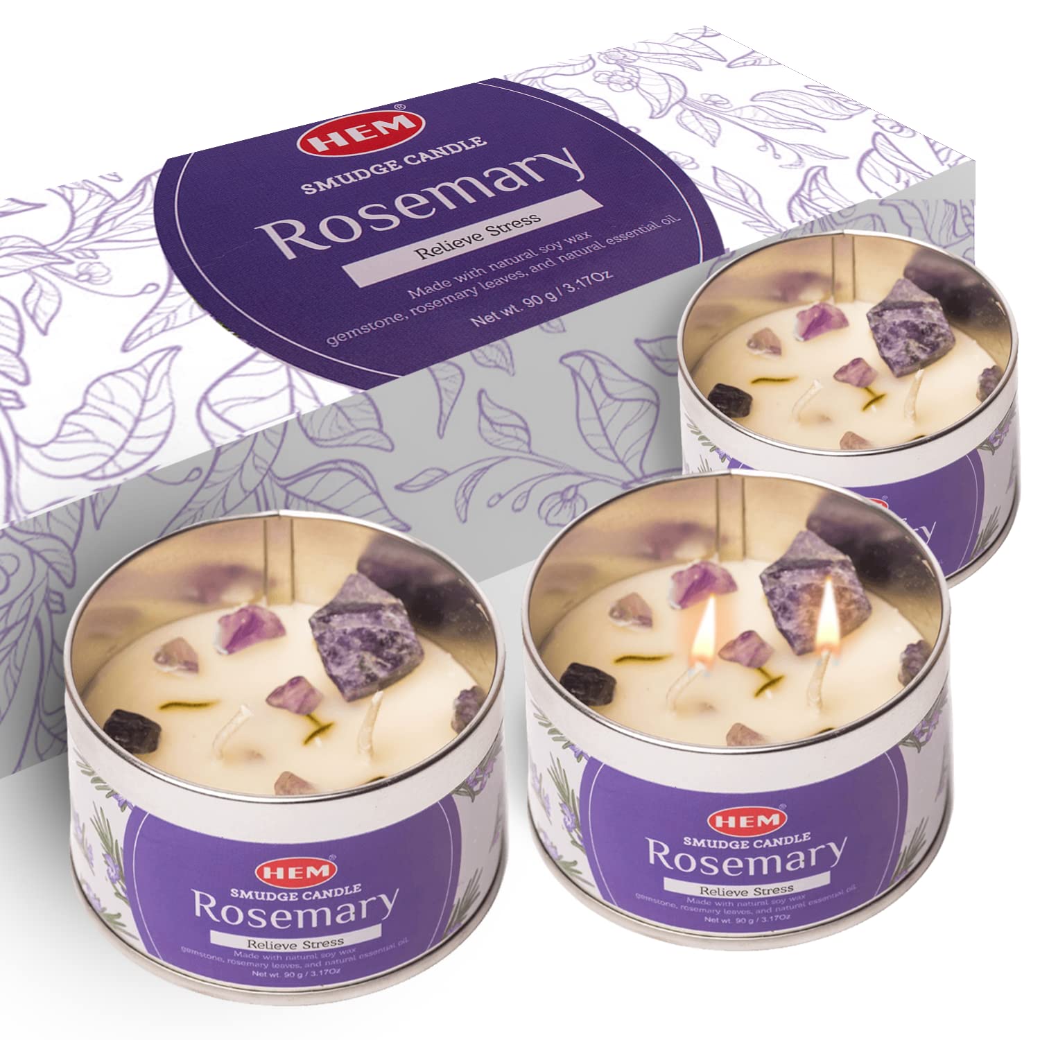 Rosemary Stress Relief Candle with Crystals - 9.5 Oz Natural Soy Candles Scented | Soft Palo Santo Wood Aroma Protection Candles | Long Lasting 65 hrs Clean Burn, Aromatherapy Candle