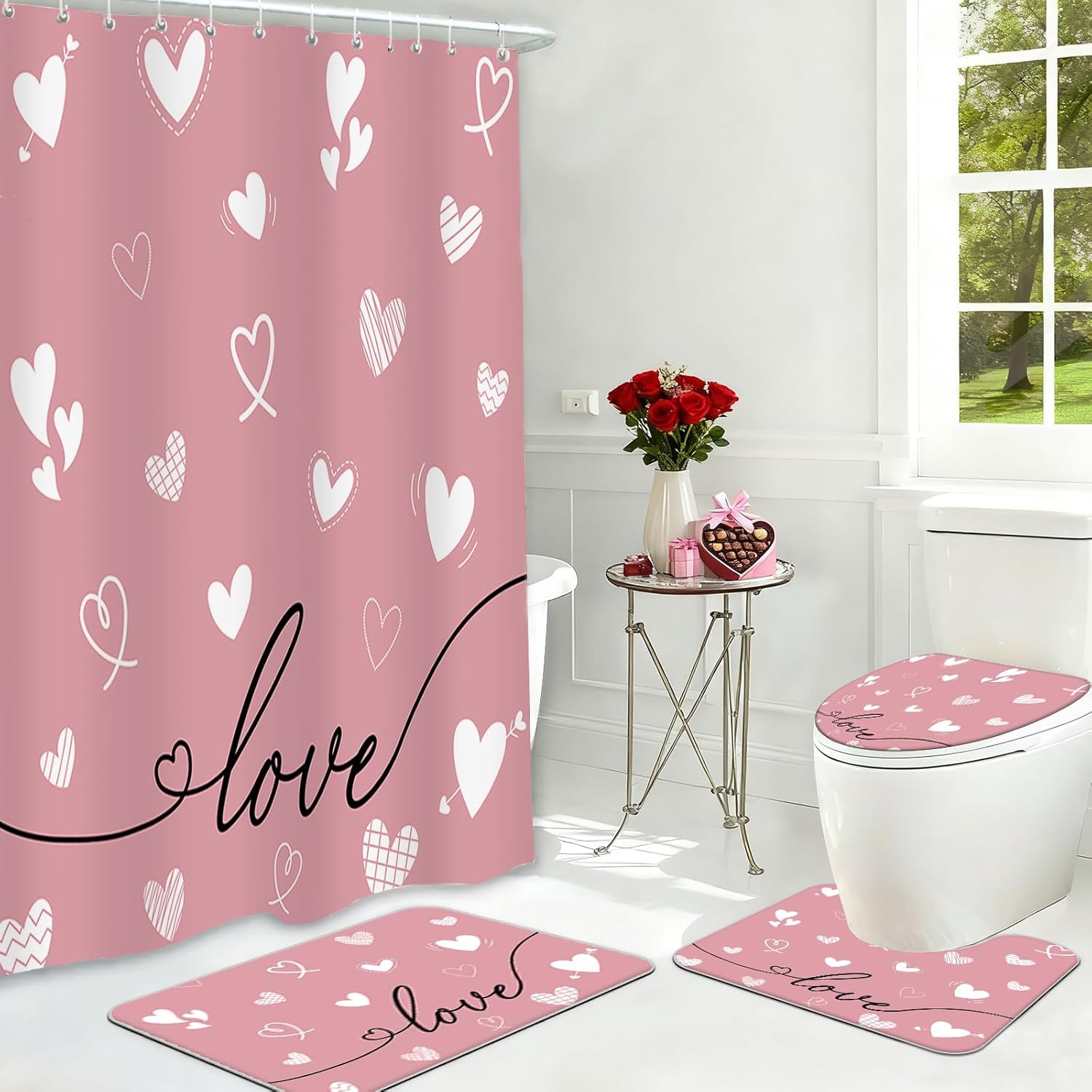 MEHOFOND 4pcs Valentines Shower Curtain Set Red Love White Heart Shower Curtain Sets for Valentine's Day Bathroom Decor Sweetheart Bathroom Curtains with Non-Slip Rugs Toilet Lid Cover and Bath Mat