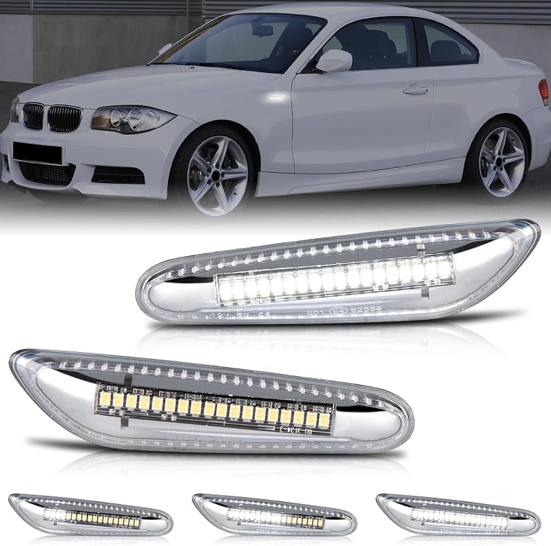 Luzes de direção laterais LED brancas sequenciais Gempro para BMW E46 E60 E61 E81 E82 E87 E88 E90 E91 E92 E93 X1 X3 X5 – 2 unidades