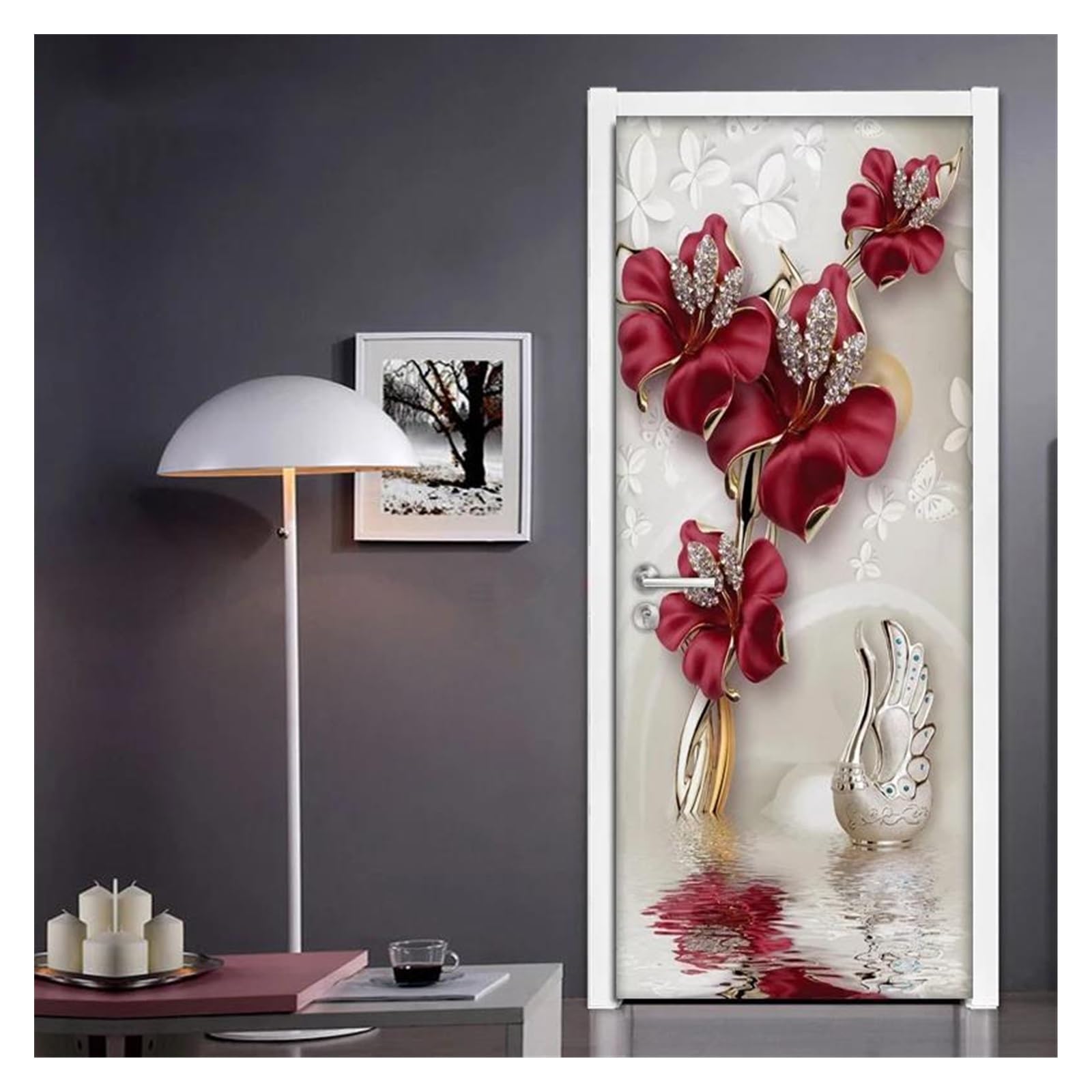 Autocollants de porte 3D fleur rouge et bijoux déco papier peint mural 77x200