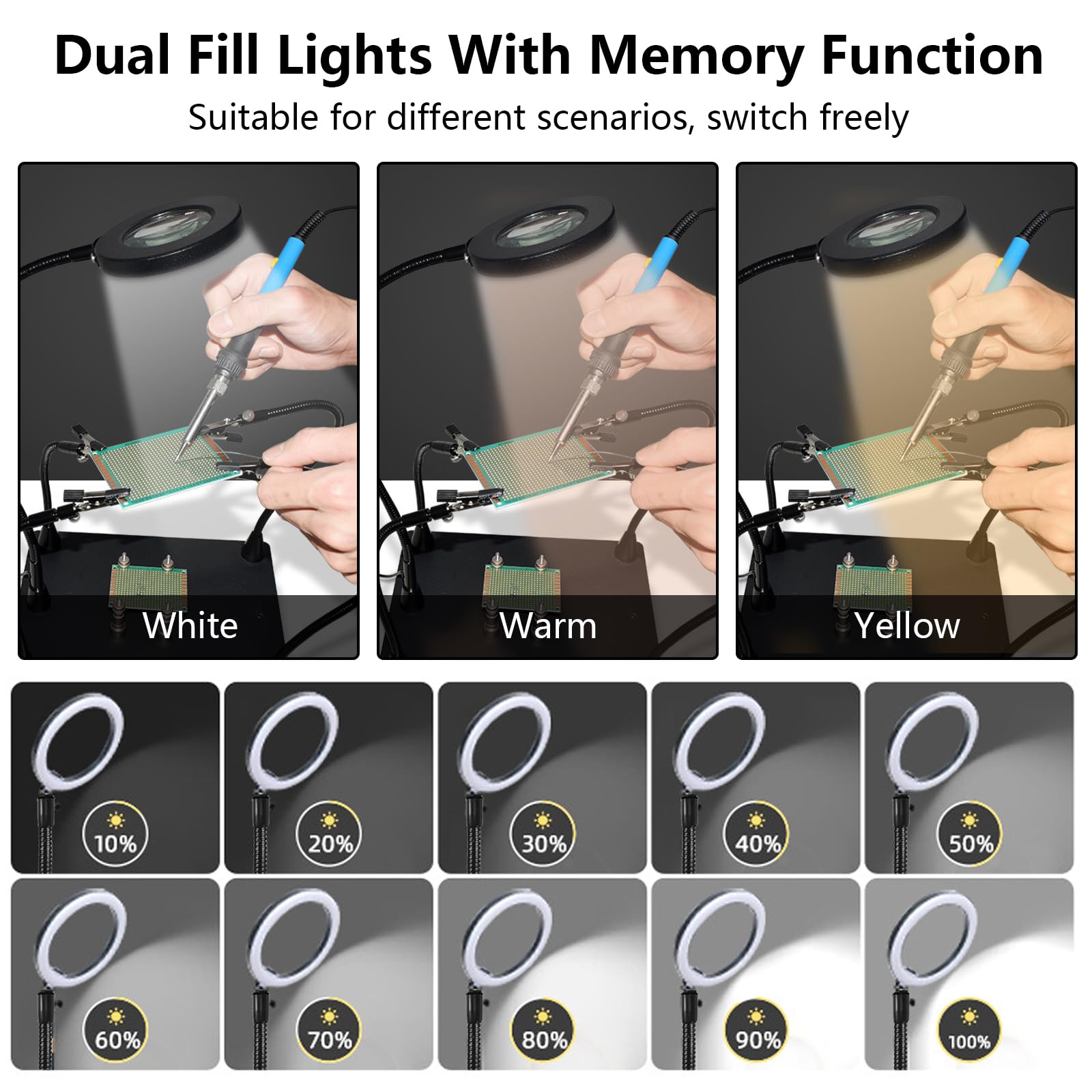 Estacion de Soldadura Magnético, Ayuda para Soldar con 4 Brazos Flexibles y Lupa LED de 6 Aumentos Manos Auxiliares Soporte para Placas de Circuito Impreso para Reparación de PCB Soldadura