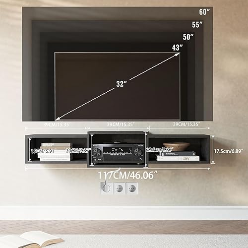 Miniatura 2 de IBUYKE Soporte flotante para TV montado en la pared con toma de corriente, moderno estante de consola de madera montado en la pared, centro de