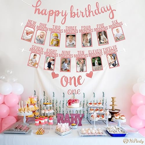 Miniatura 6 de Cartel de fotos de bebé de primer cumpleaños, 17 piezas de decoración de primer cumpleaños para niñas recién nacidas a 12 meses, pancarta de fotos