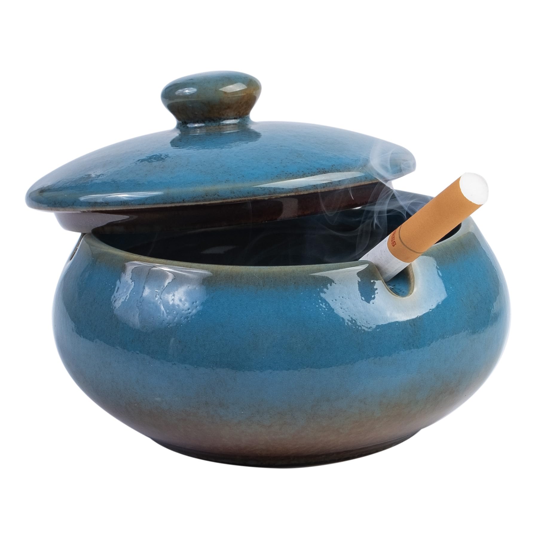 Kraledge Ceramic Ashtray with Lids, Cigarette Ashtray, Smokeless Tabletop Ash Tray Outdoor Ashtray Decor for Patio Home Office Restaurant (Blue)
