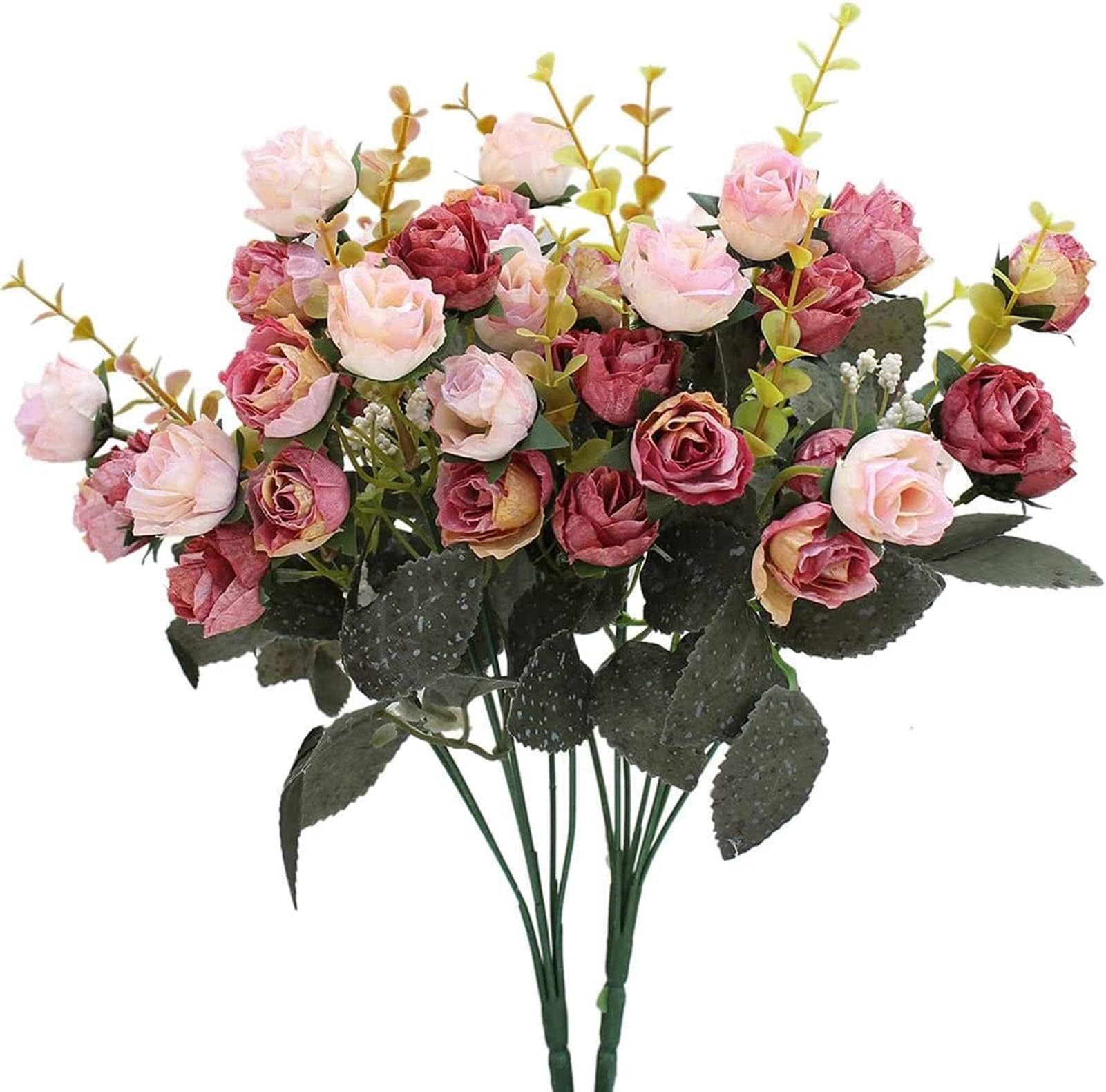 powomuge 21 Head Artificial Flowers, 2 Bunches Artificial Silk Roses for Wedding Home Decor Shooting Vase Plastic Fake Flowers (Pink Rose)