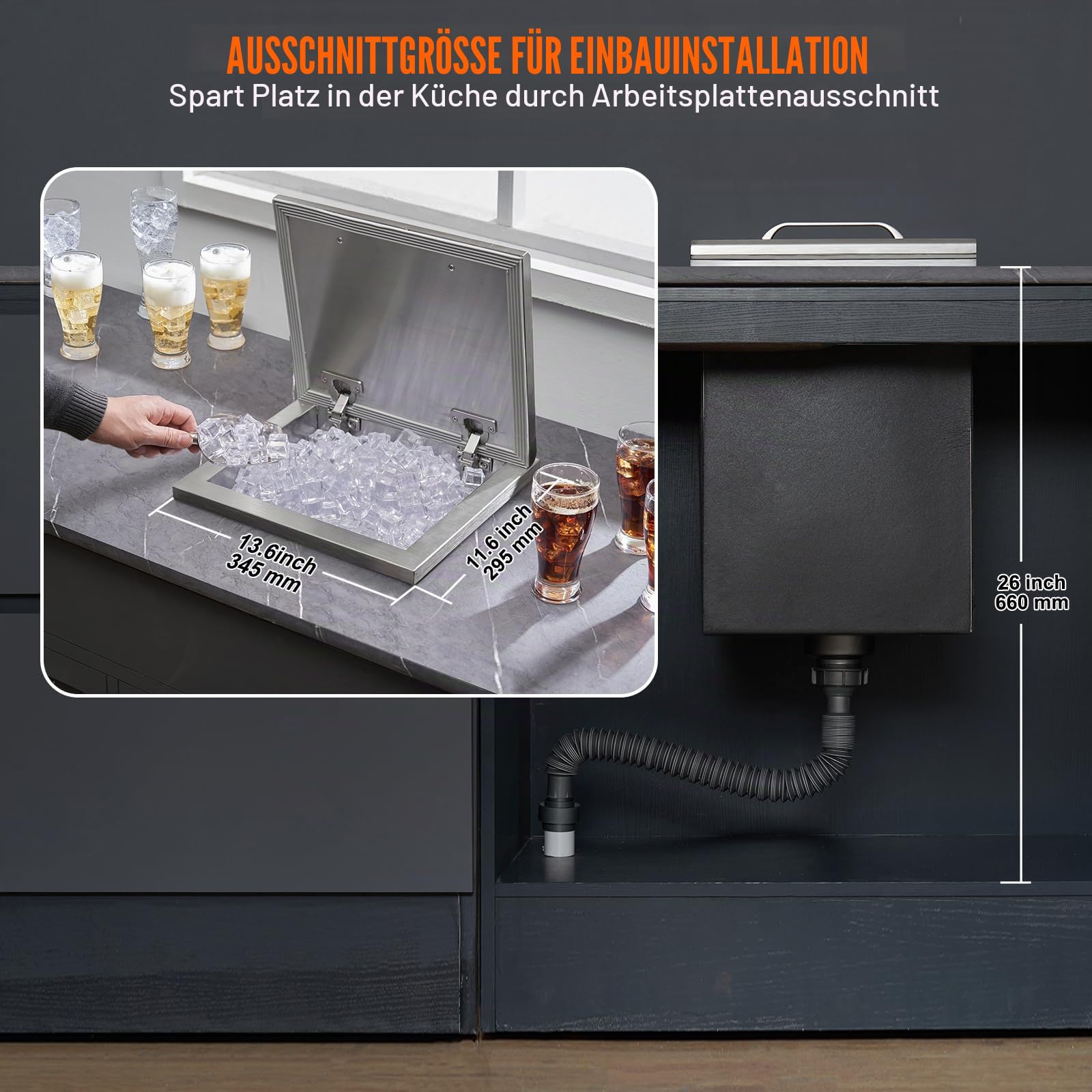 VEVOR Drop-in-Eisbox, 28,52 L Edelstahl-Eiskühler, 355 x 305 x 461 mm Kommerzieller Eisbehälter mit Klappdeckel, Eingebaute Eisspeichertruhe, Abflussrohr und Ablassstopfen im Lieferumfang Enthalten