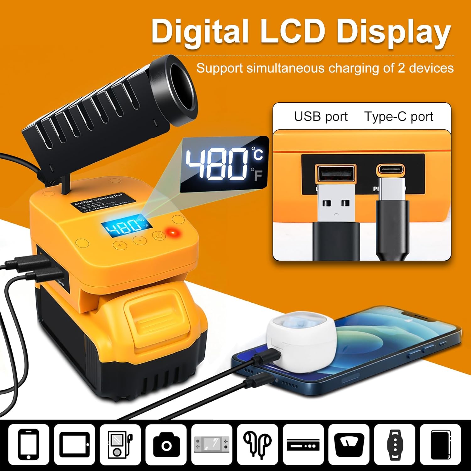 Cordless Soldering Station Compatible with Dewalt 20V Battery, Portable Electric Soldering Iron Station LCD Display with USB & Type-C, Battery Powered Soldering Kit for DIY, Appliance Repair