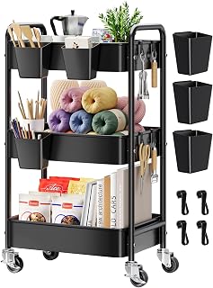 3 Tier Rolling Cart Metal with Wheels, Black Three Tiered Art Cart Organizer on Wheels, Storage Utility Trolley Carts for Kithcen, Craft, Nail, Lash, Makeup, Salon,Bedside, Bathroom, Office, Snack