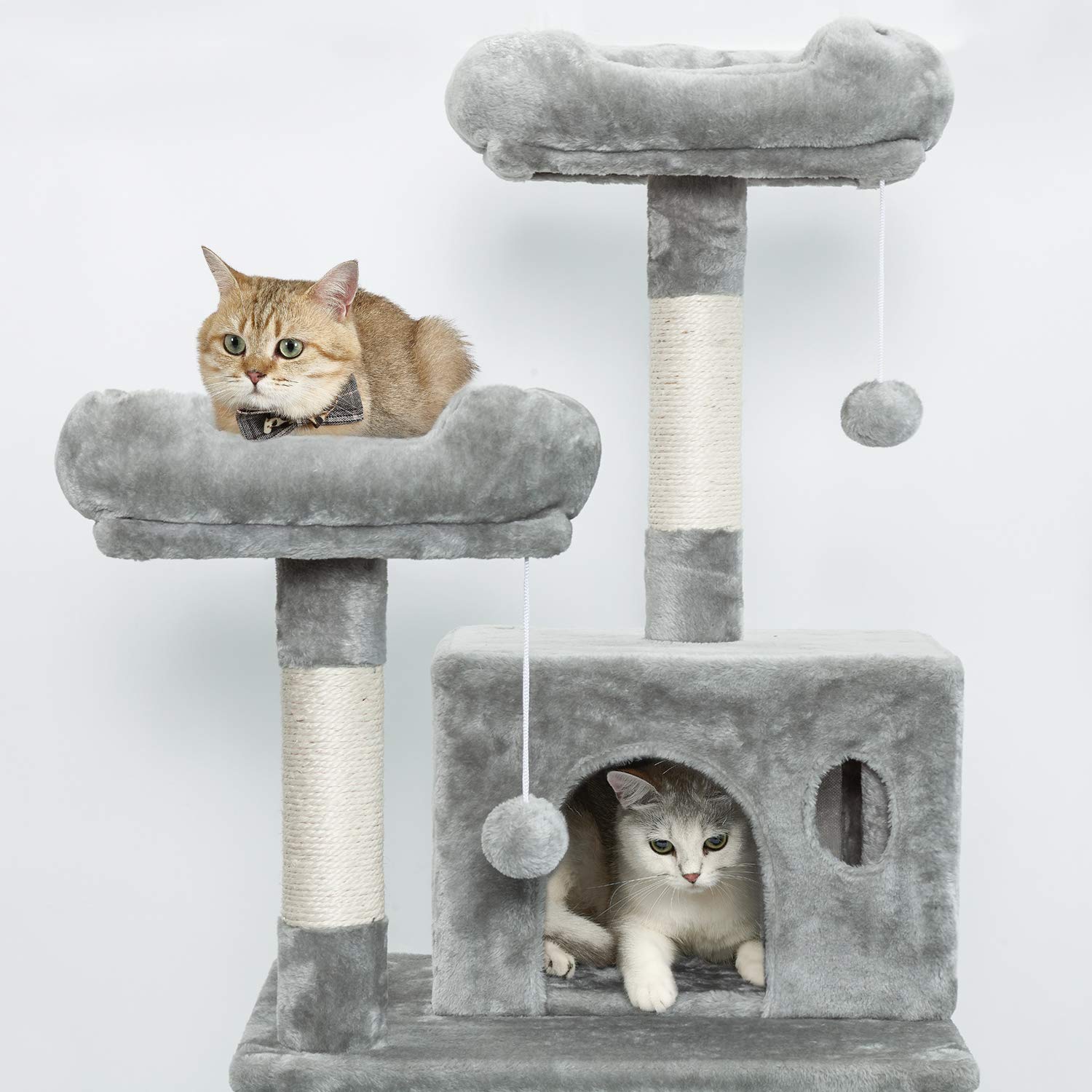 Meerveil Tiragraffi per Gatti con 2 Palle, 145cm Tiragraffi Albero di Gatto con Graffiatoio Gatto Tiragraffi Giocattolo in Sisal Naturale, Grigio Chiaro