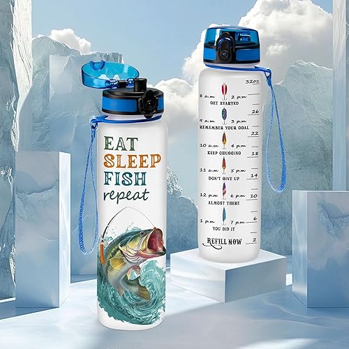 Miniatura 5 de Botella de agua de pesca de 32 onzas para pescador, botella de hidratación repetida con marcador de tiempo, divertido regalo de pesca para papá,