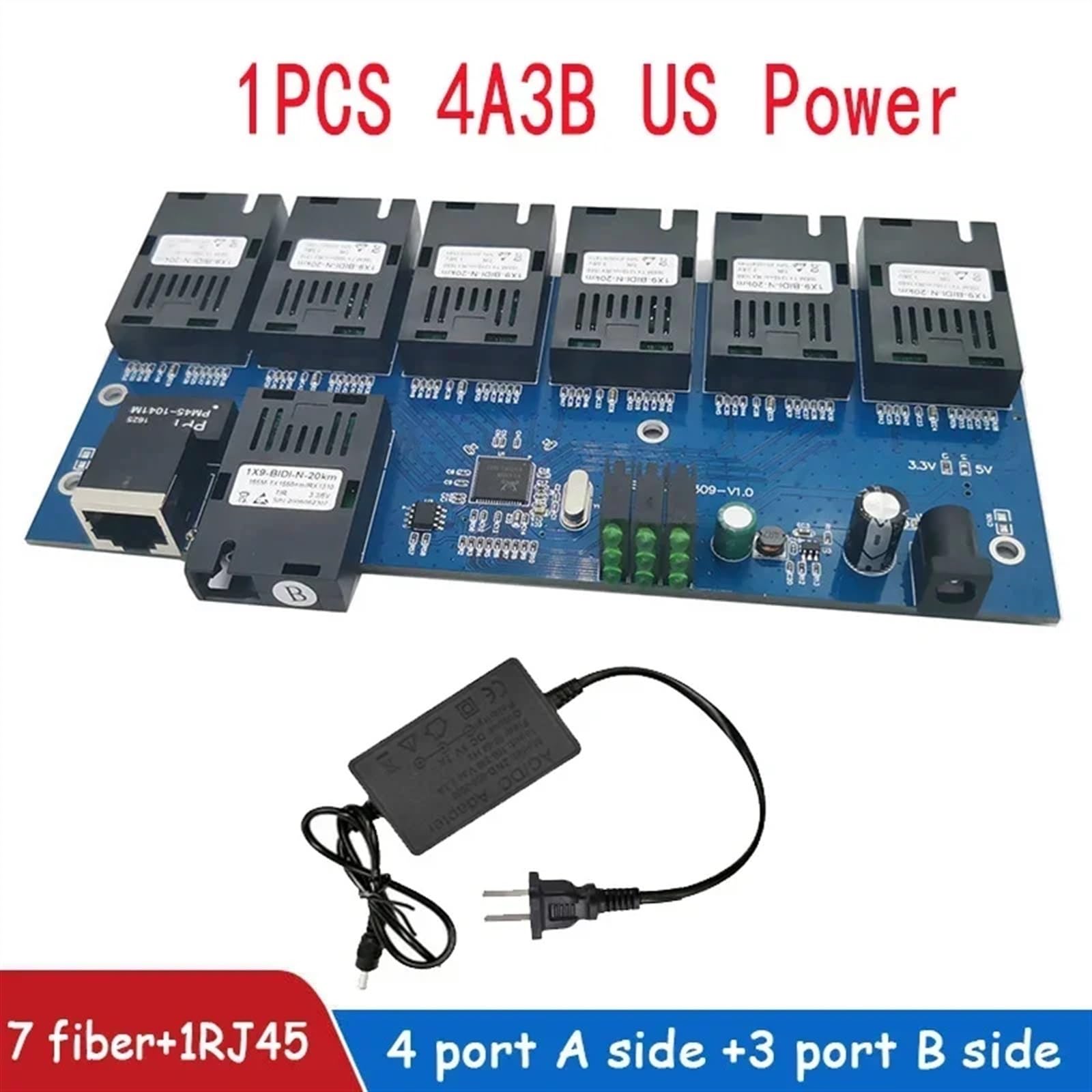 Convertisseur De Commutateur Ethernet Rapide 20KM, Convertisseur De Média Fiber Optique Ethernet Monomode 1 RJ45 7-SC Port Fiber 10/100M 7F1E (Size : 7F1E PCBA US Power)