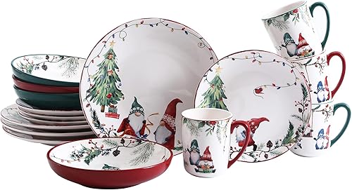 Miniatura 1 de Bico Juego de vajilla de cerámica de 16 piezas de gnomos de Navidad, servicio para 4, incluye platos llanos de 11 pulgadas, platos de ensalada de