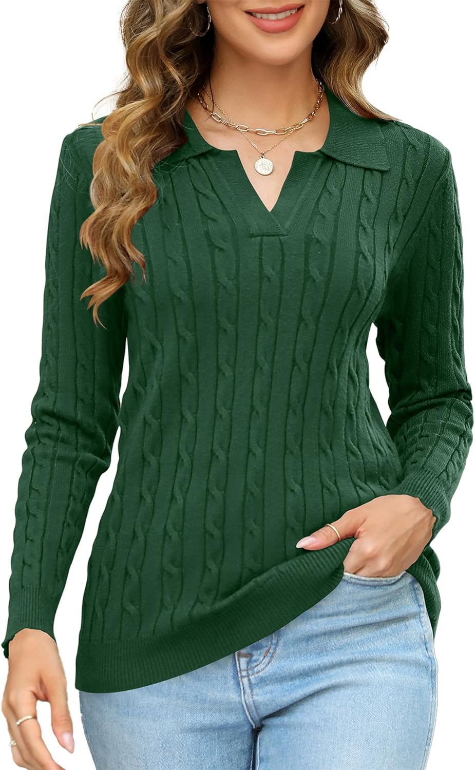 Micoson Womens Fall Long Sleeve Sweaters Lapel V Neck Cable Knitted Pullover Casual Soft Jumper Top - Image 2