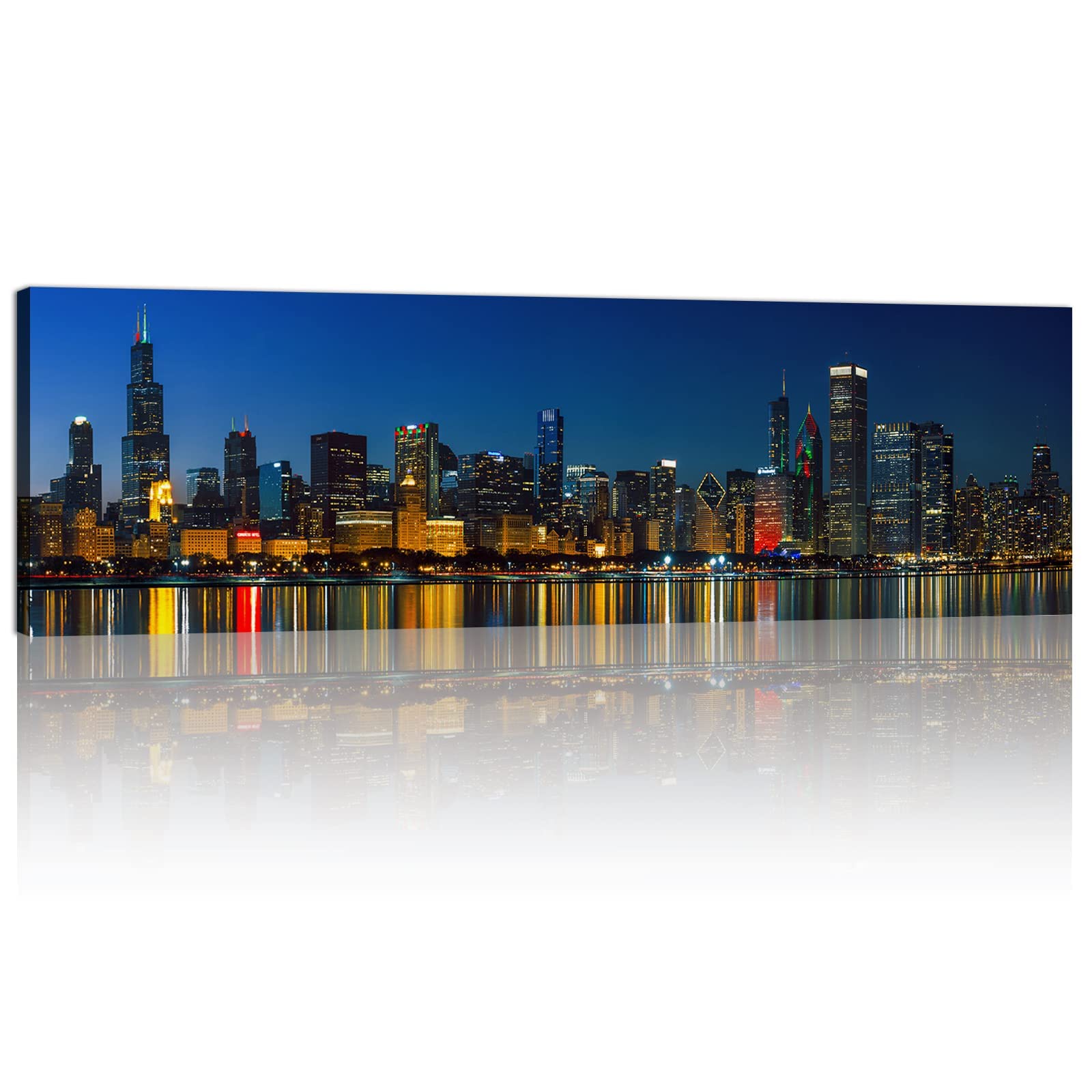 Chicago Skyline Wall Art Colorful Chicago Picture for Living Room USA Cityscape Wall Decor Blue Night City Skyscraper Modern Urban Building Canvas Picture Artwork for Bedroom Office Decorations 14x48"
