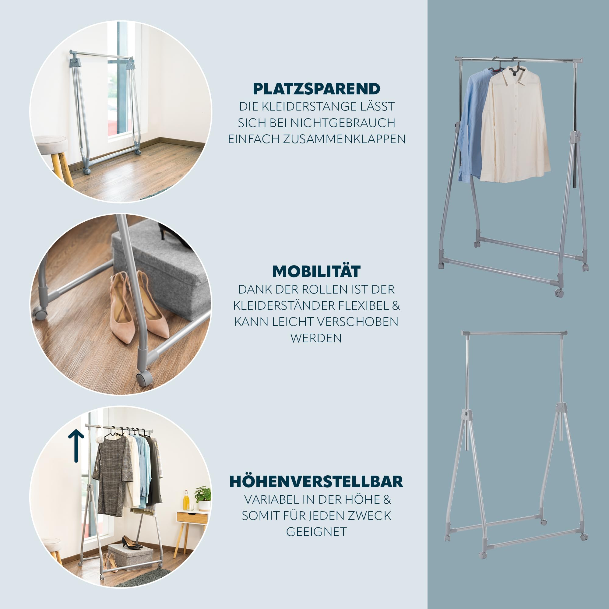 bremermann Kleiderstange klappbar, Kleiderständer, Garderobenständer, rollbar (Grau)